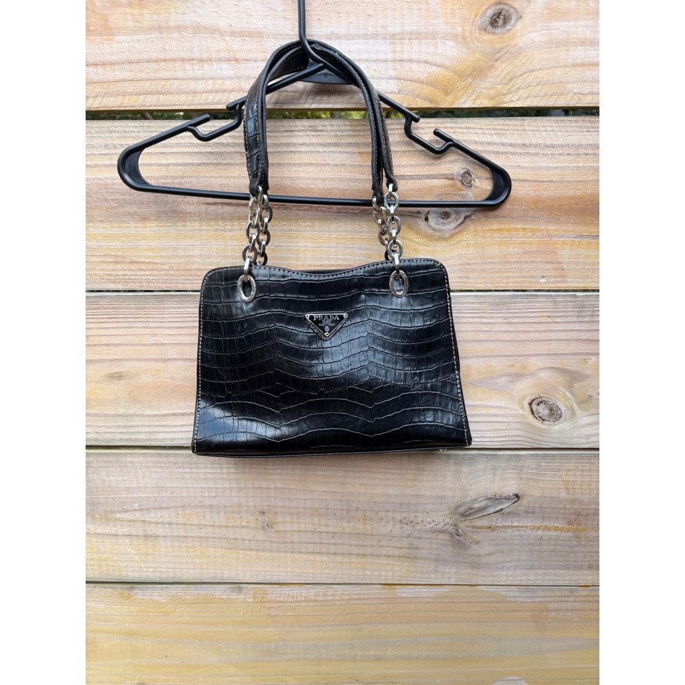 Black Croc Embossed Leather Shoulder Bag Chain Strap Triangle Logo - Picture 2 of 9